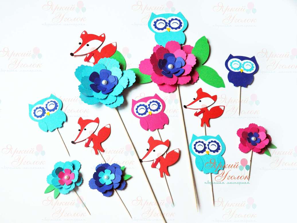 Топперы  "Лисята, совята, цветы" из отдельных элементов