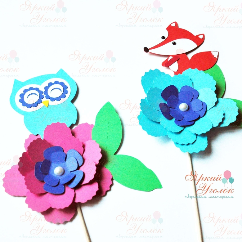 Топперы двойные большие "Лисята, совята с цветами" из отдельных элементов