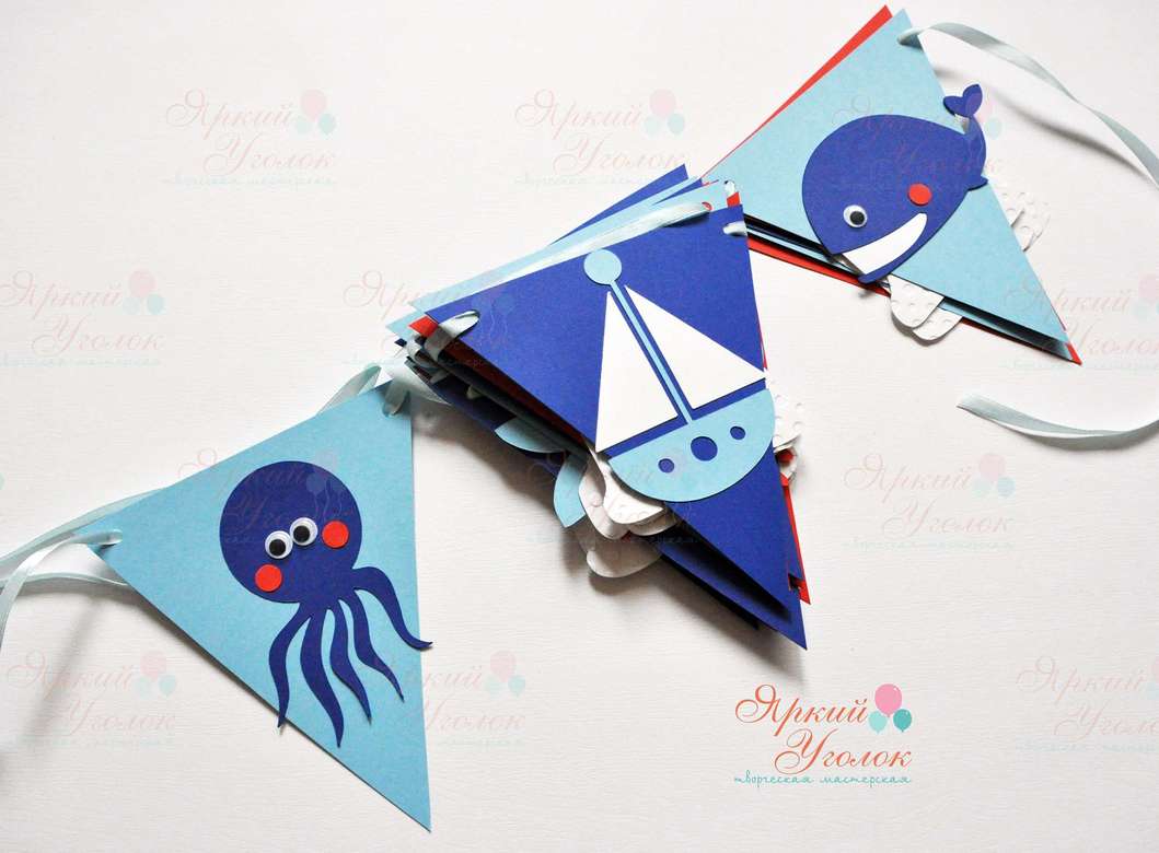 Гирлянда флажки с объемным декором "Морским" и отдельно вырезанными буквами