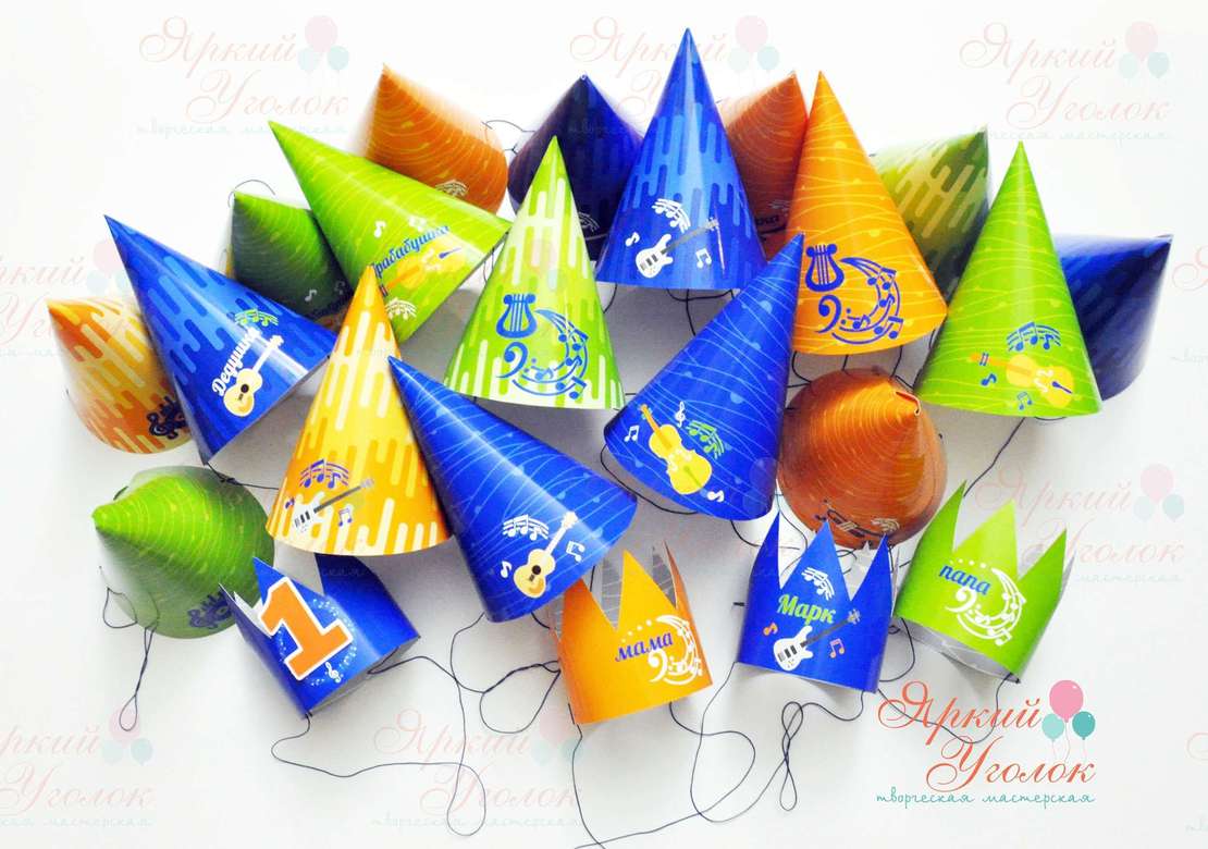 Колпачки и короны с напечатанными картинками "Музыкальные инструменты"