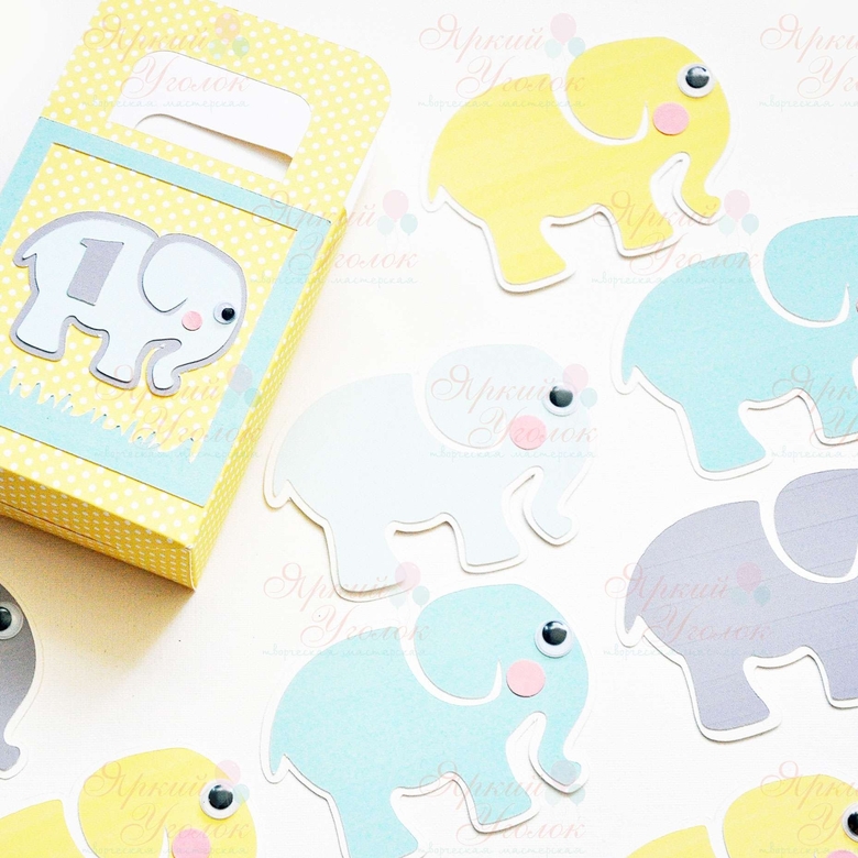 Коробочка с фигурными карточками для пожеланий "Слоники"