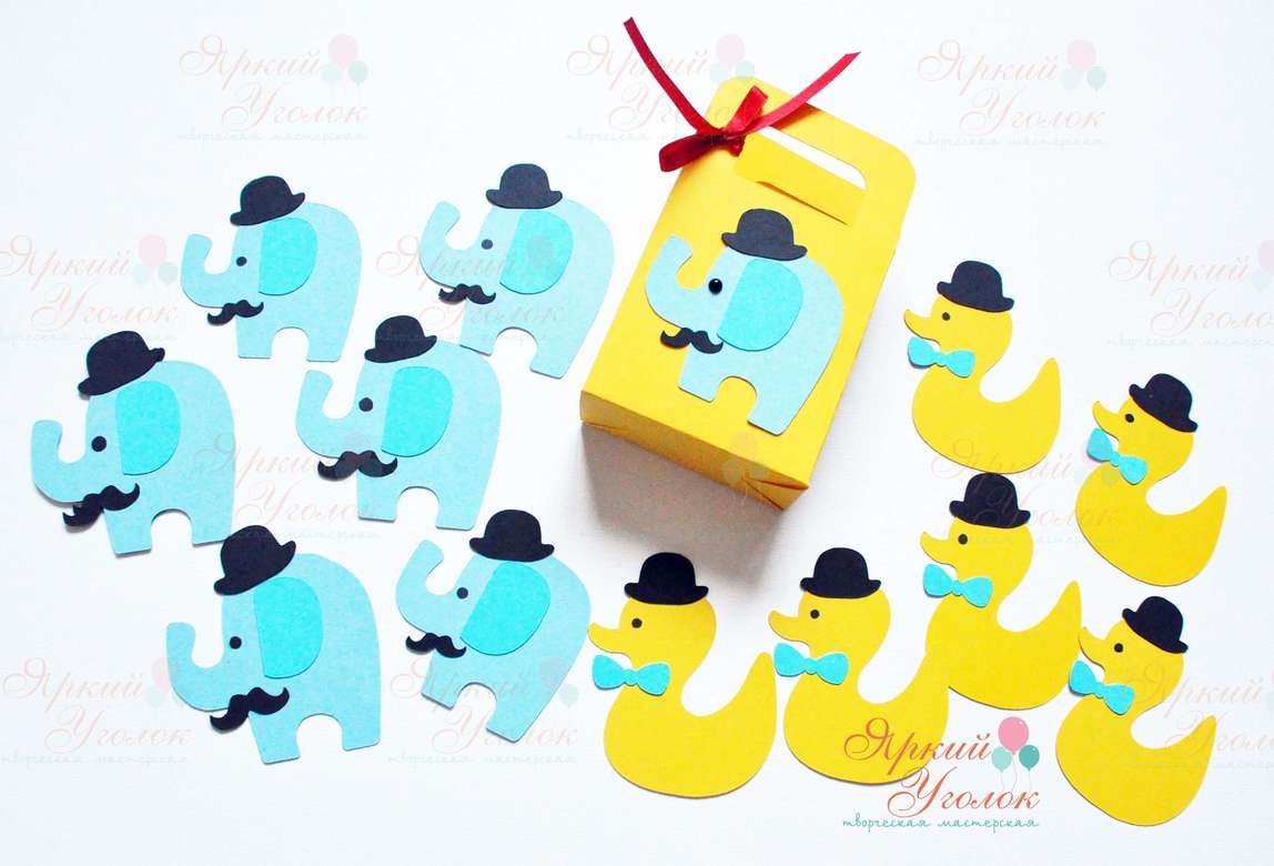 Коробочка с фигурными карточками для пожеланий "Слоники и уточки"