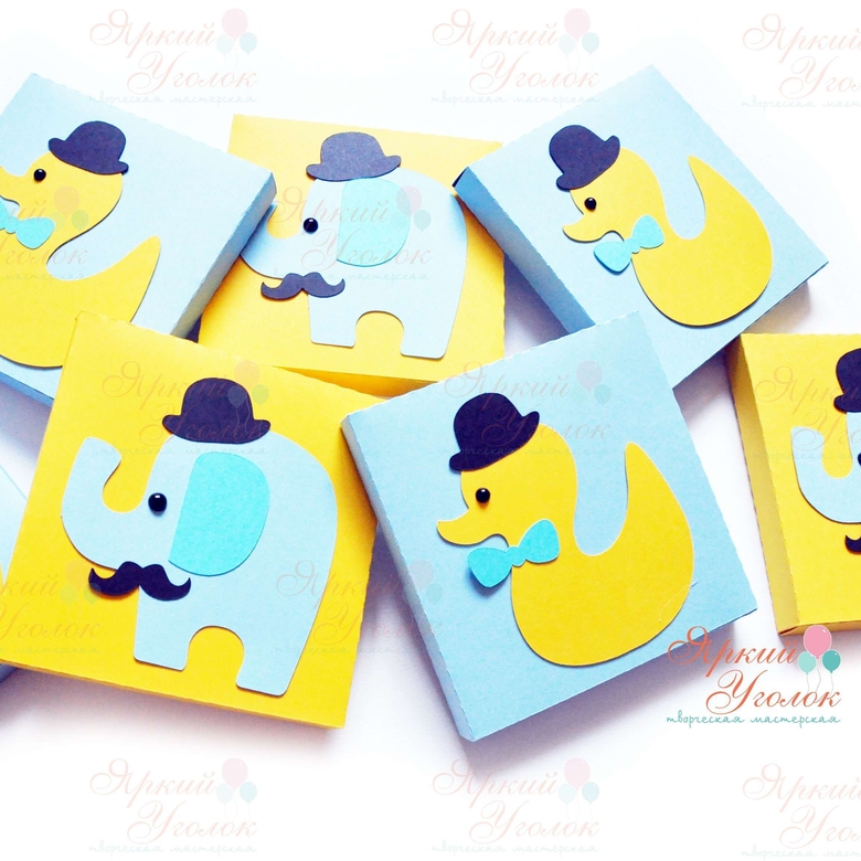 Бонбоньерки (коробочки) плоские "Слоники и уточки"