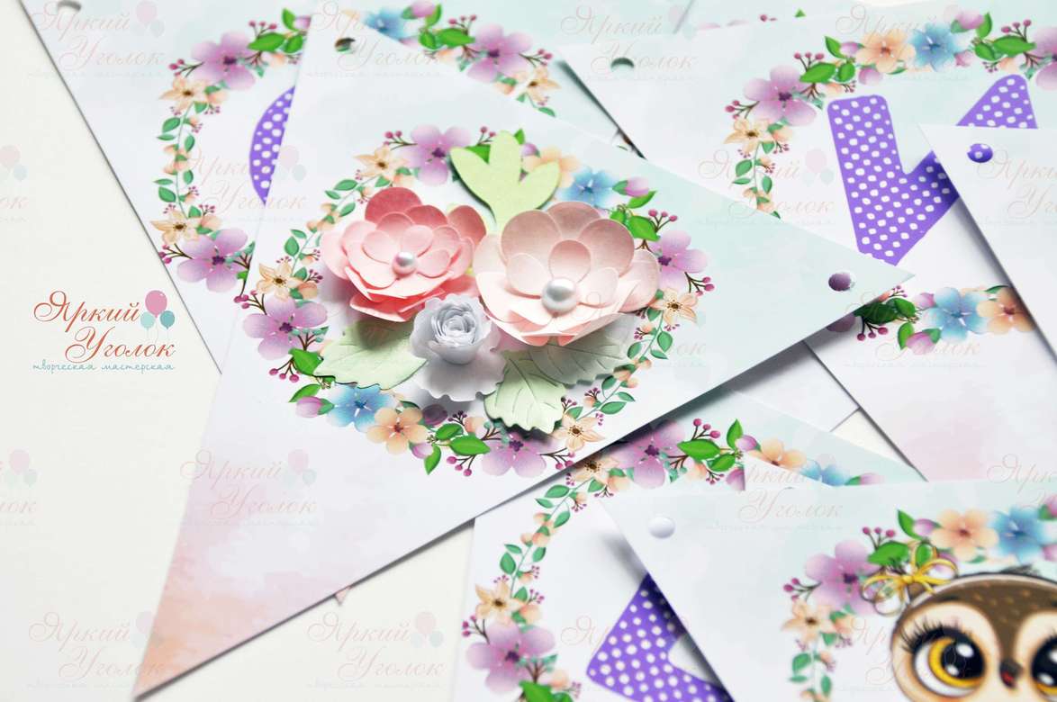 Гирлянда напечатанные флажки "Совушки с цветочками"