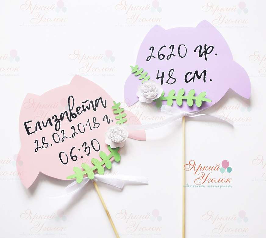 Табличка в форме совы с метрикой напечатанная и с объемными цветами