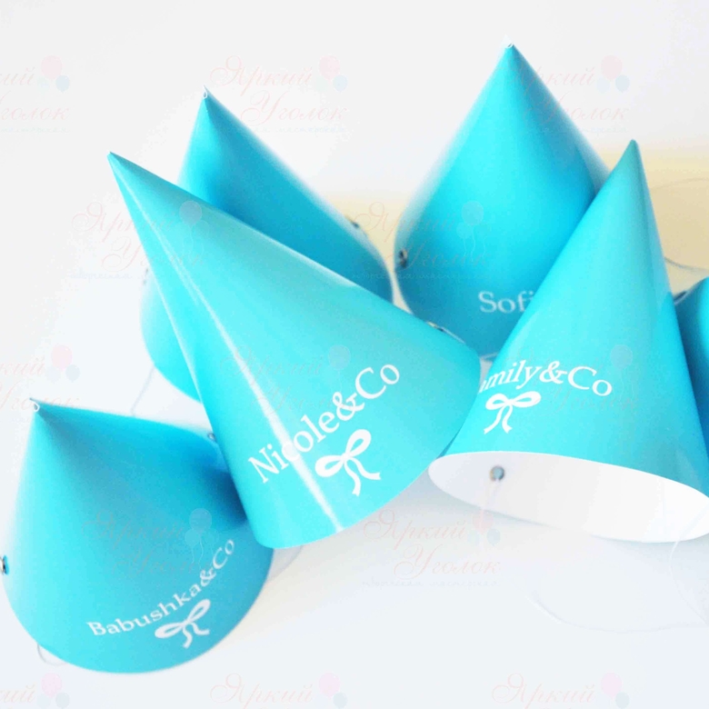 Колпачки с напечатанными картинками и надписью бирюзовые с бантиком