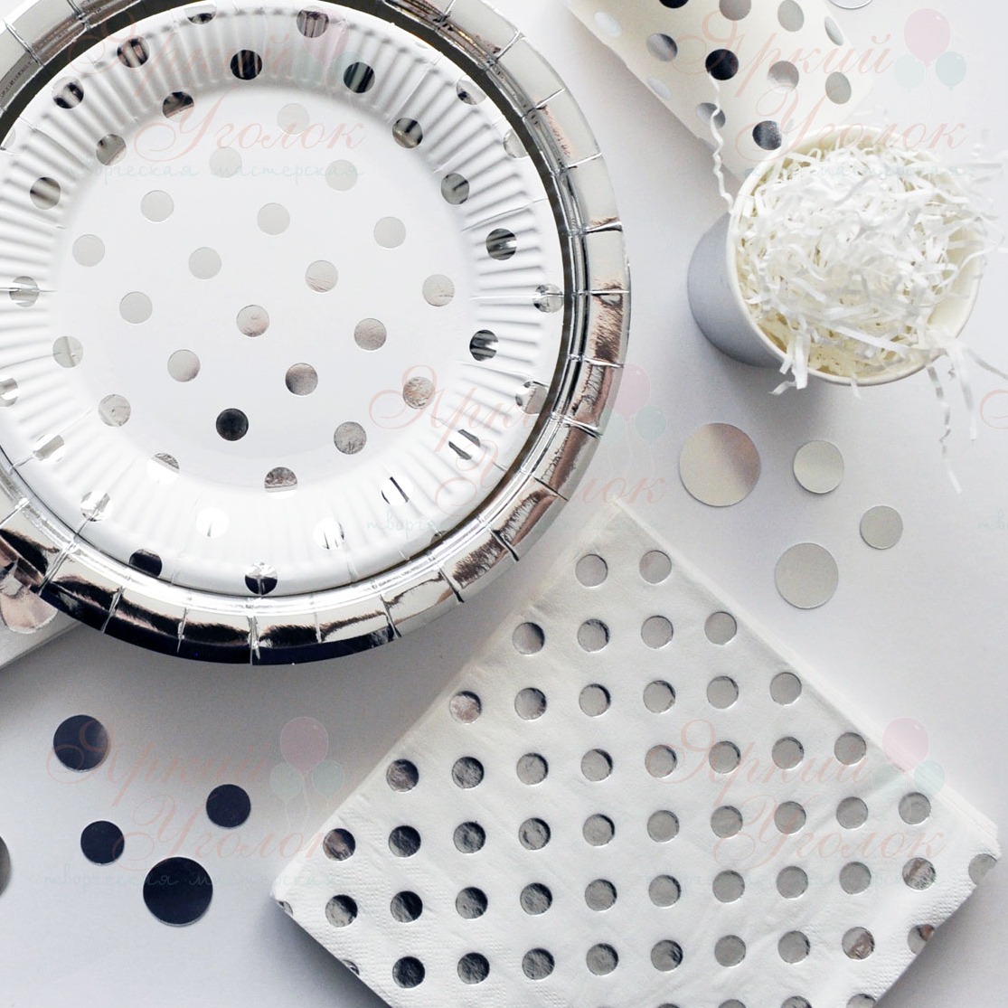 Бумажные салфетки (большие) белые с рисунком - серебряный горох