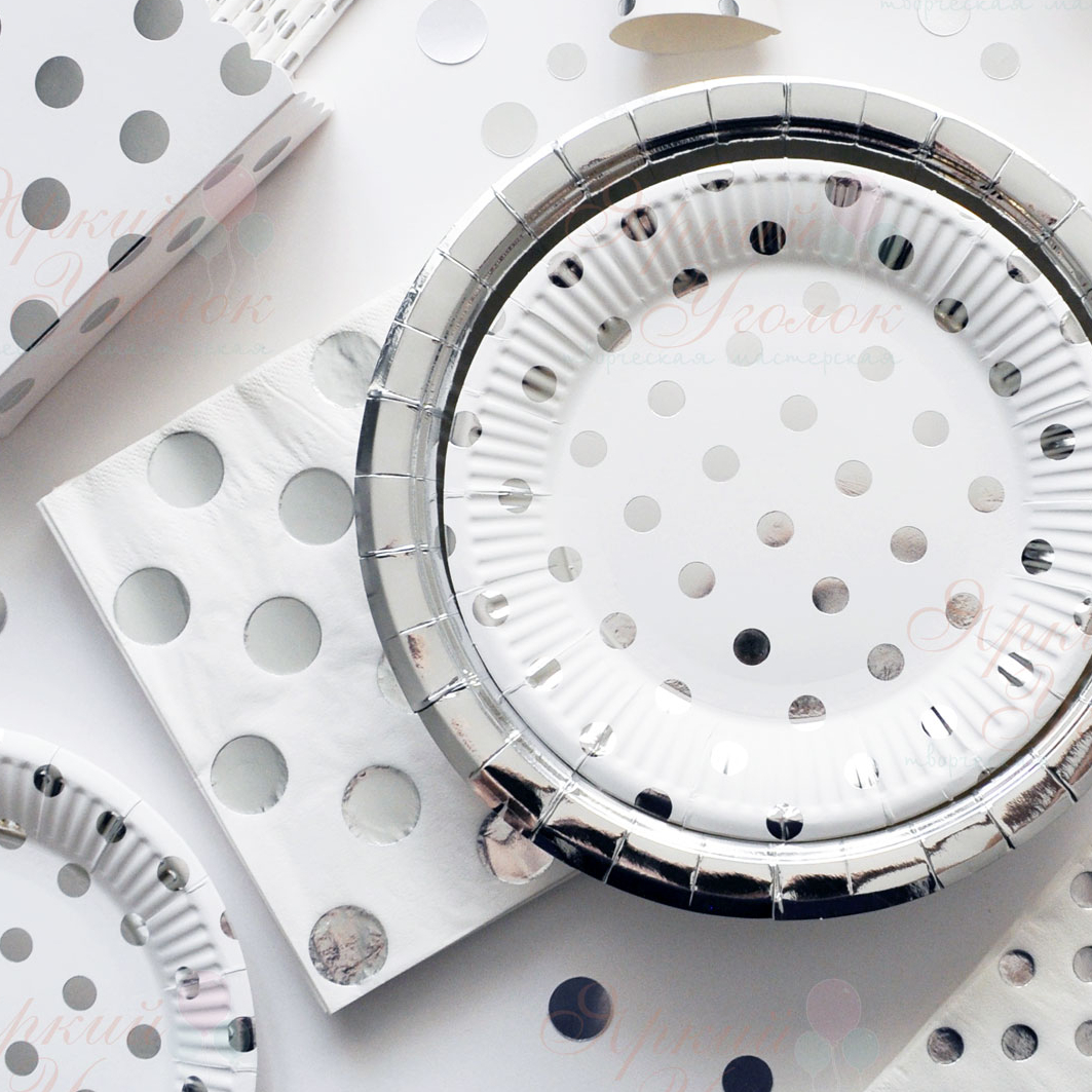 Бумажные салфетки (большие) белые с рисунком - серебряный крупный горох