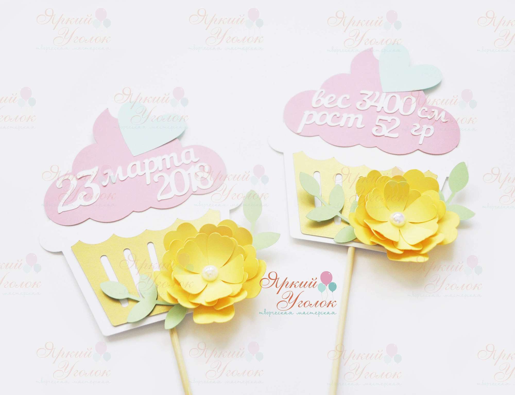 Табличка с метрикой в форме Пироженки из отдельно вырезанных элементов и декором цветы