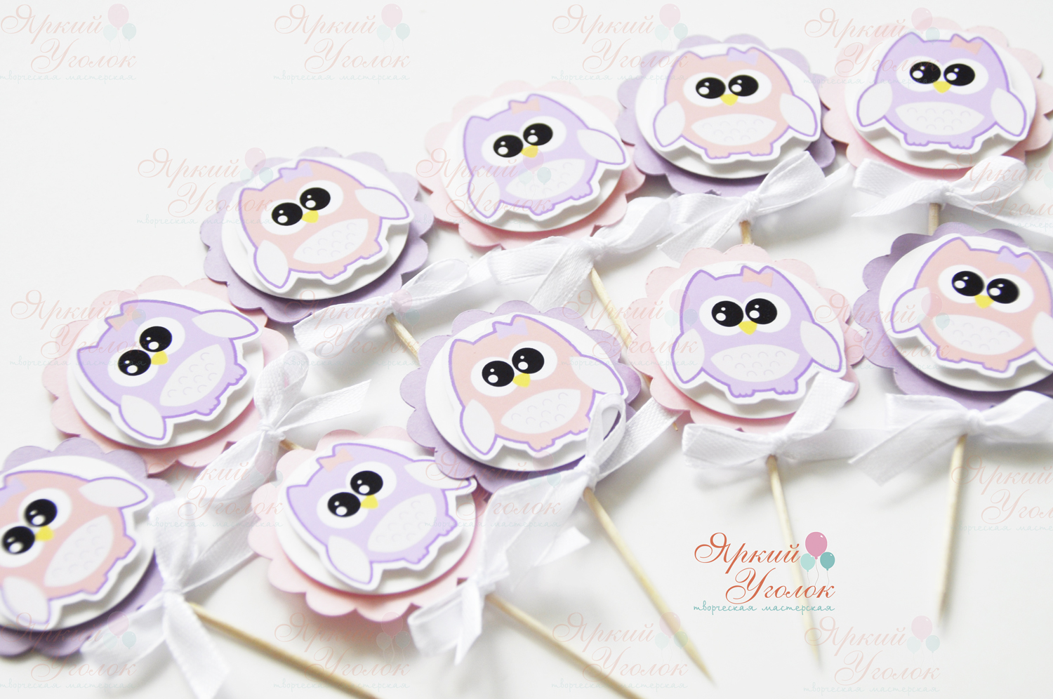 Топперы напечатанные многослойные с бантиком "Совушки"
