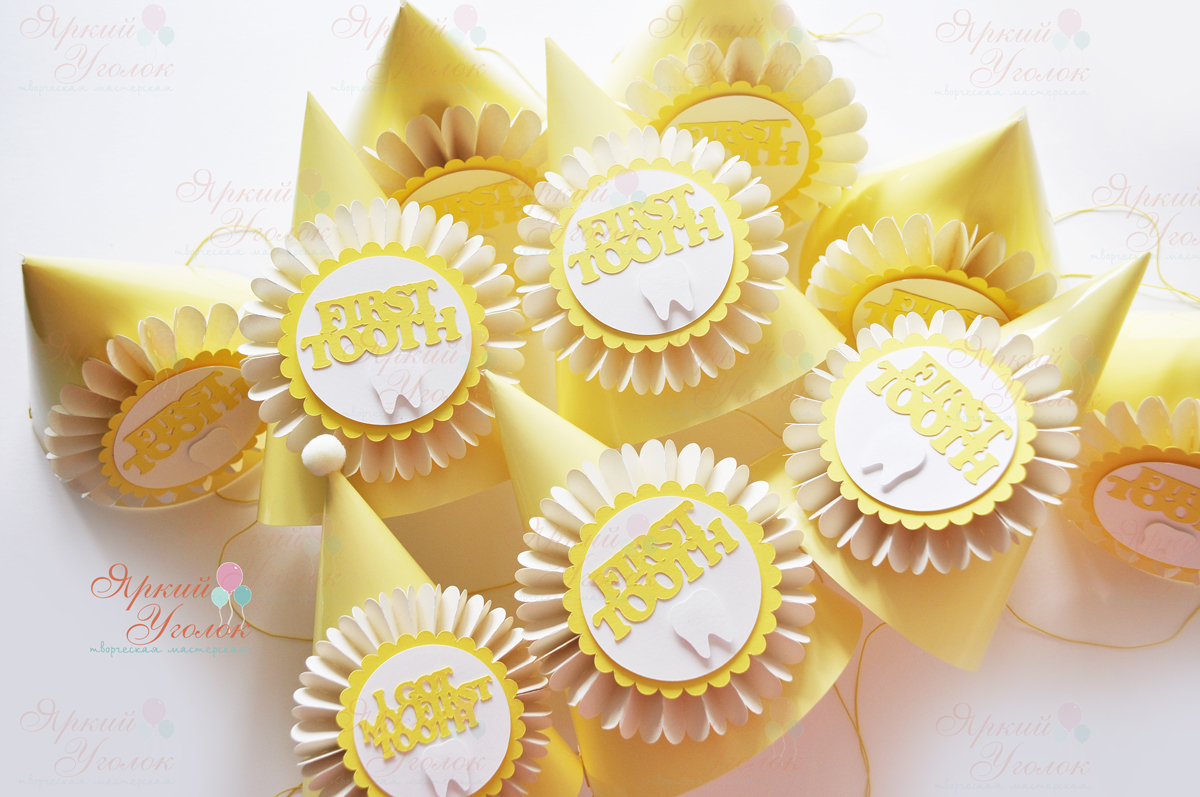 Колпачки желтые со сложным объемным декором "Первый зубик"