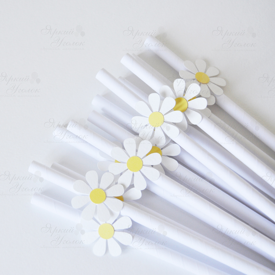 Бумажные трубочки белые с объемным декором "Ромашки"