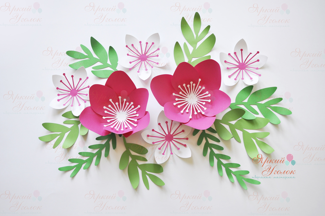 Объемные цветы - мини сет 7 малиновых цветов с веточками