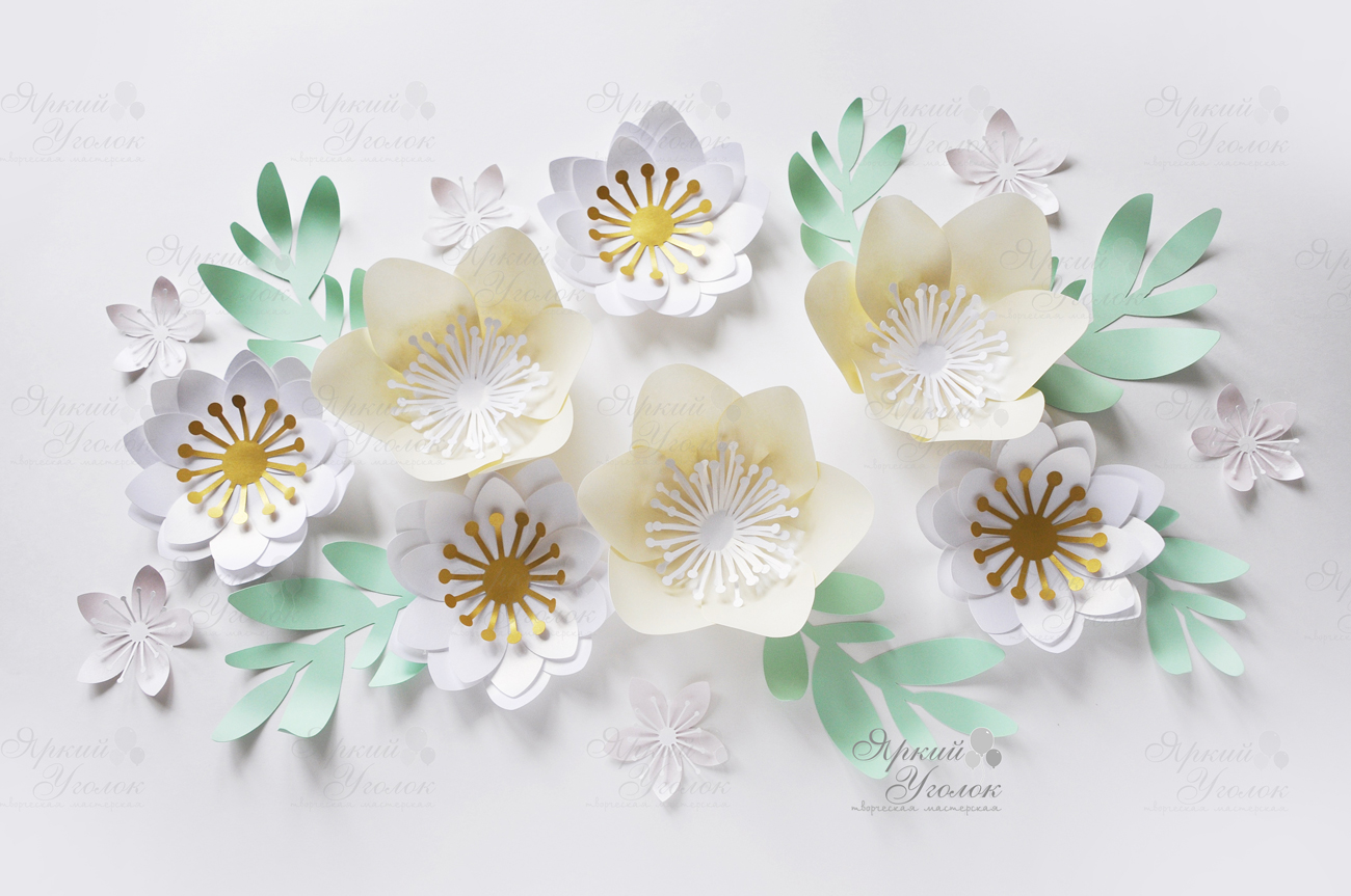 Объемные цветы - мини сет 13 цветов с веточками