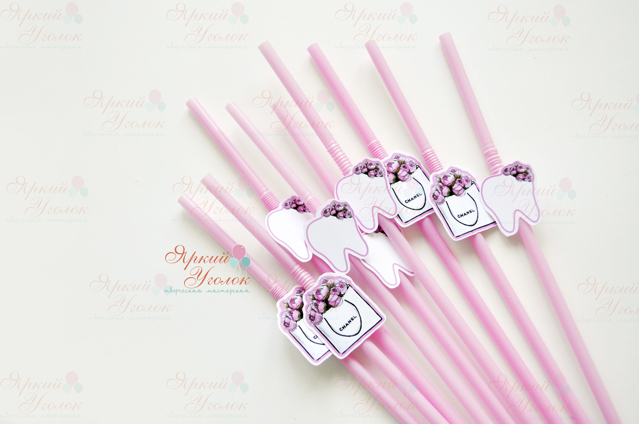 Пластиковые трубочки с декором "Зубик и цветы"