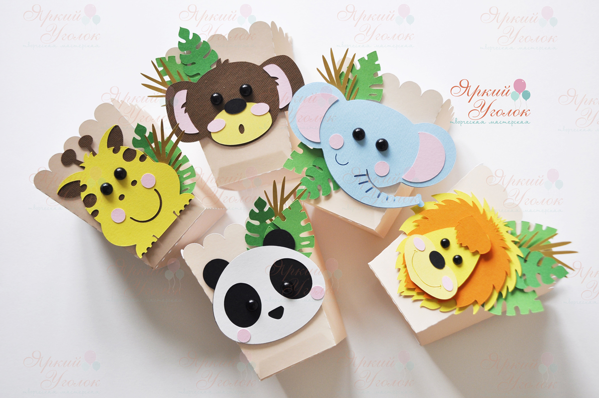 Стаканчики для сладостей или попкорна со сложным объемным декором "Зоопарк" бежевые