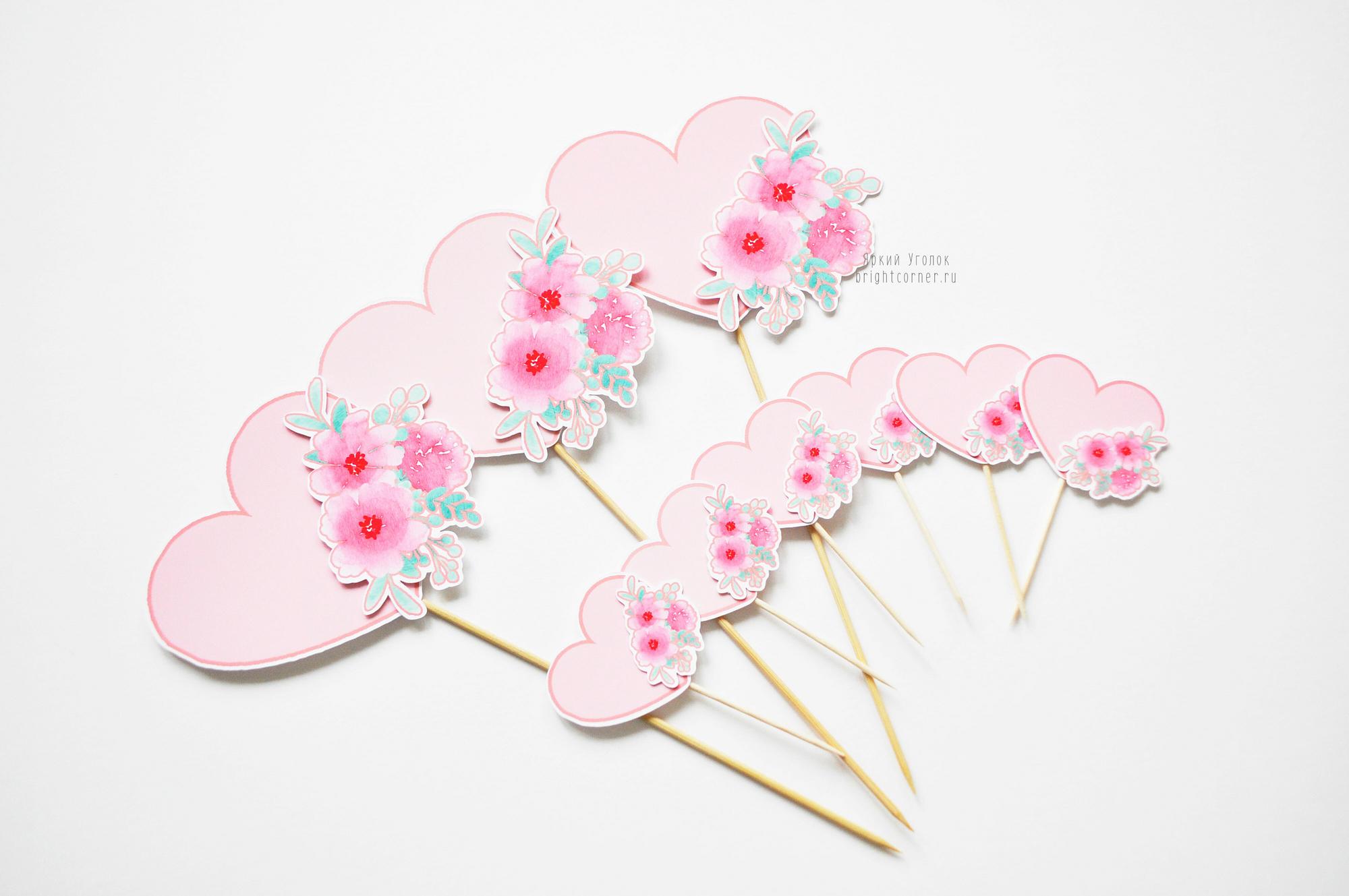 Топперы напечатанные "Сердечки с цветами"