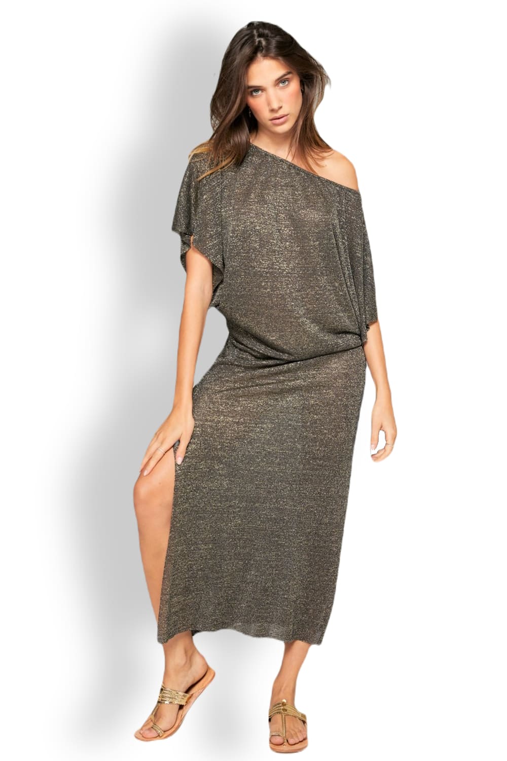 Длинное платье с короткими рукавами из черного люрекса Beliza JULIA