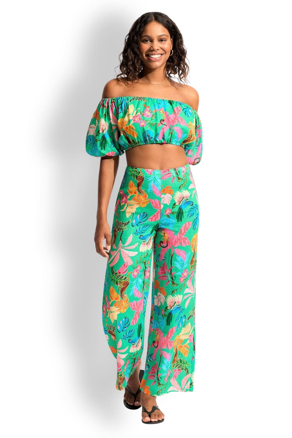 Комплект из льняного топа с открытыми плечами и брюк Seafolly 55128-TO/55126-PA