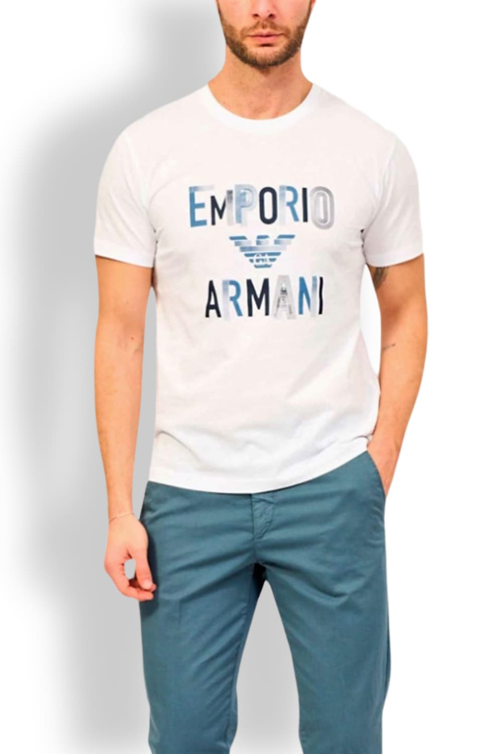 Пляжная футболка из хлопкового джерси с крупным принтом-логотипом Emporio Armani 211818 4R468