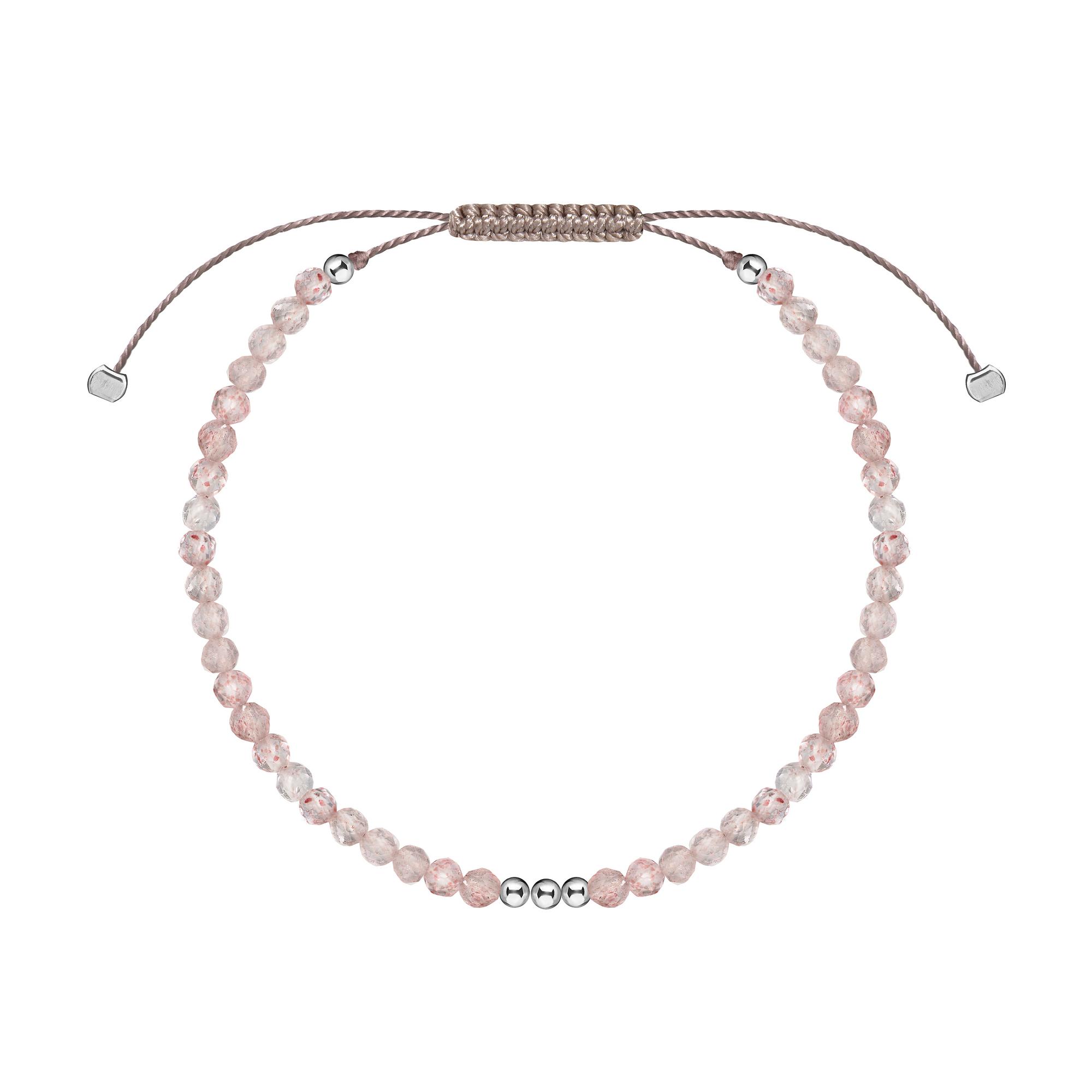 Браслет с розовым кварцем на нитке серебро