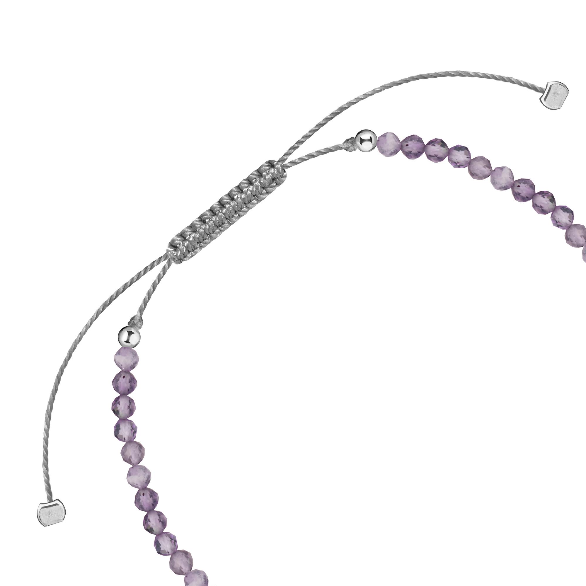 Браслет с аметистом на серой нитке серебро