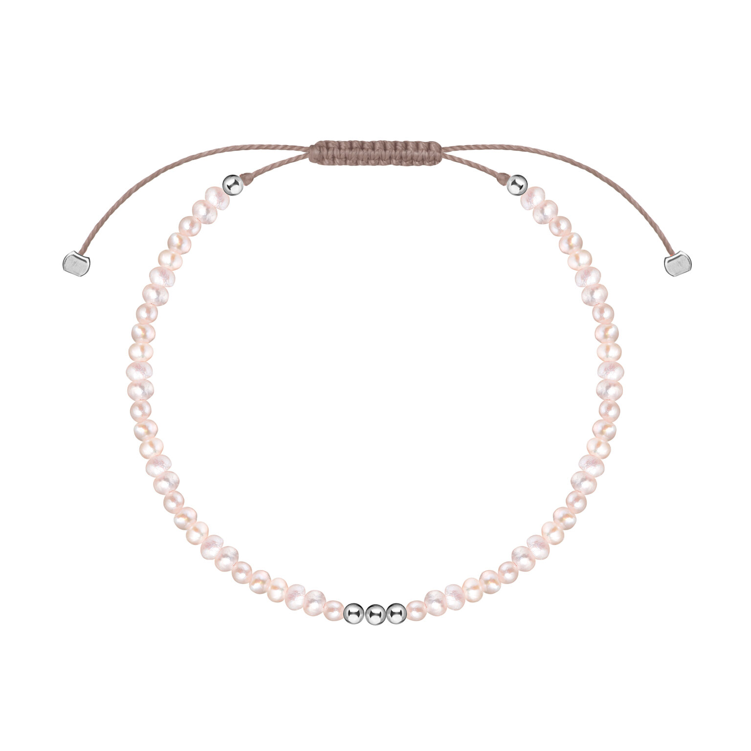 Браслет с жемчугом на бежевой нитке серебро