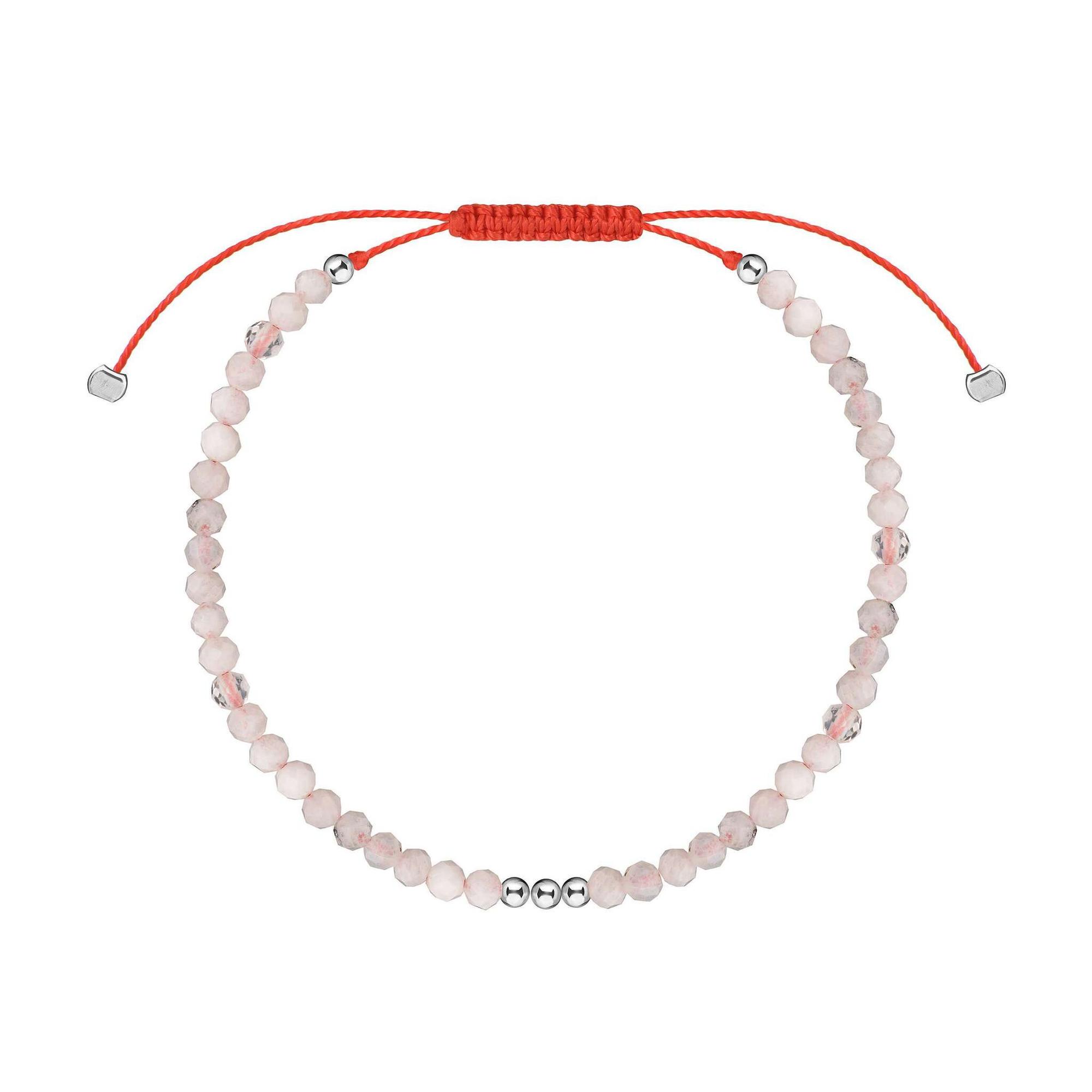 Браслет с розовым кварцем на красной нитке серебро