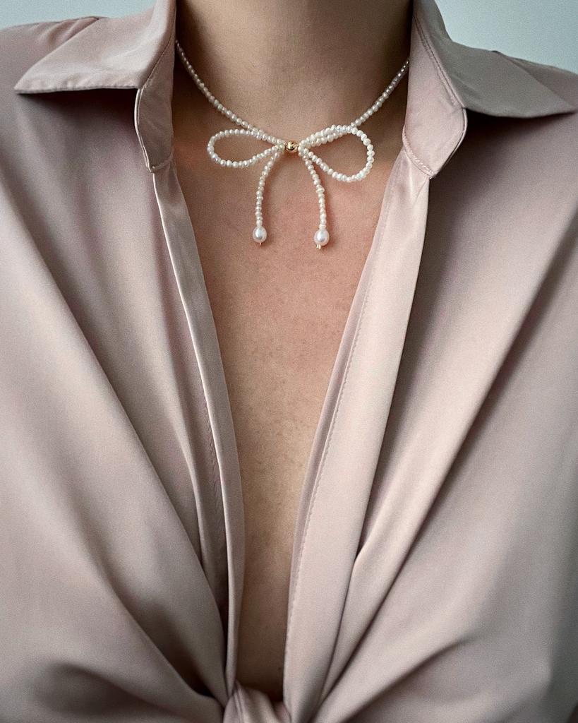 Жемчужный чокер с бантиком (позолота)