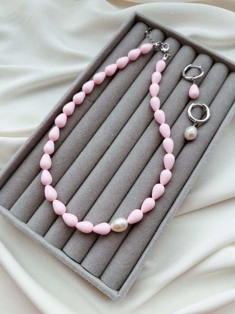 Комплект c розовыми каплями (родий)