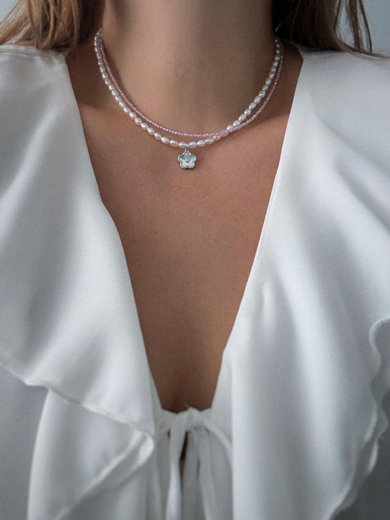 Комплект с жемчугом и фианитами (розовый, родий)