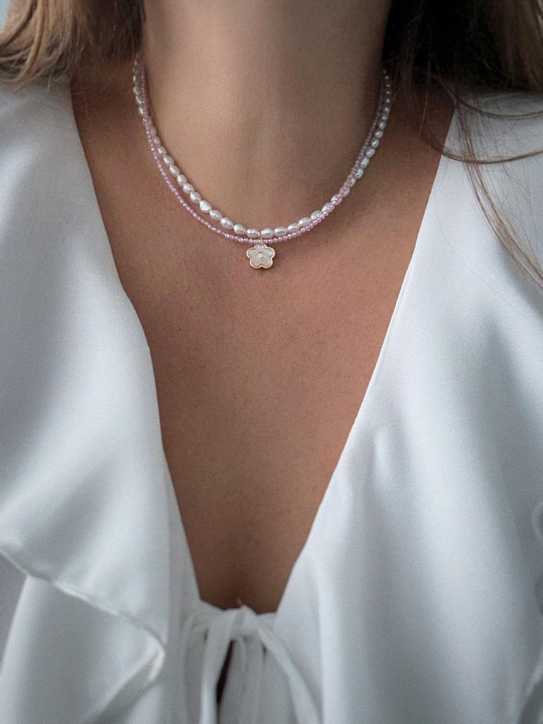 Комплект с жемчугом и фианитами (розовый, позолота)