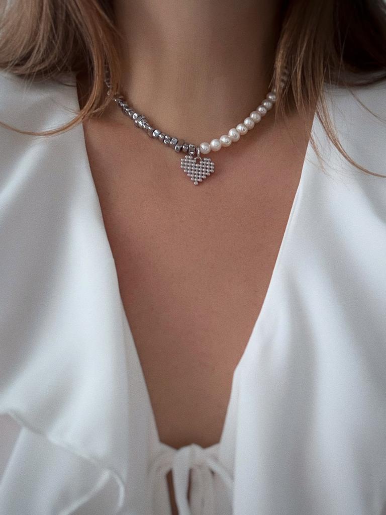 Чокер из жемчуга и гематита (родий)