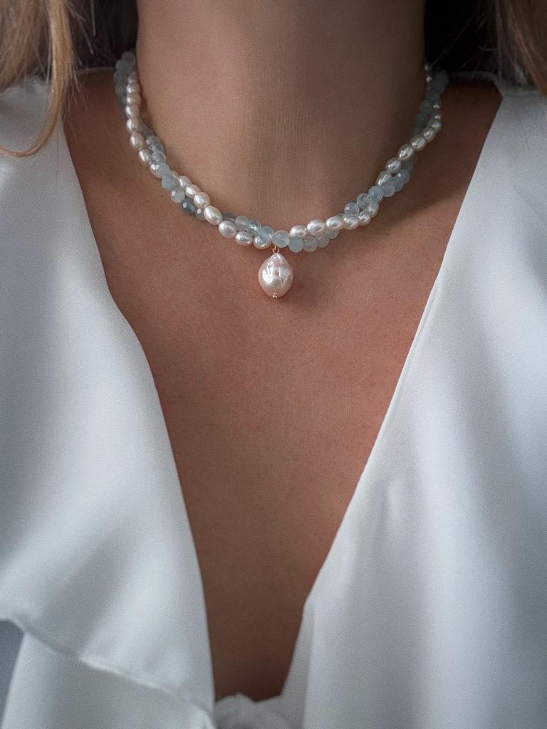 Плетеный чокер (жемчуг, аквамарин, позолота)