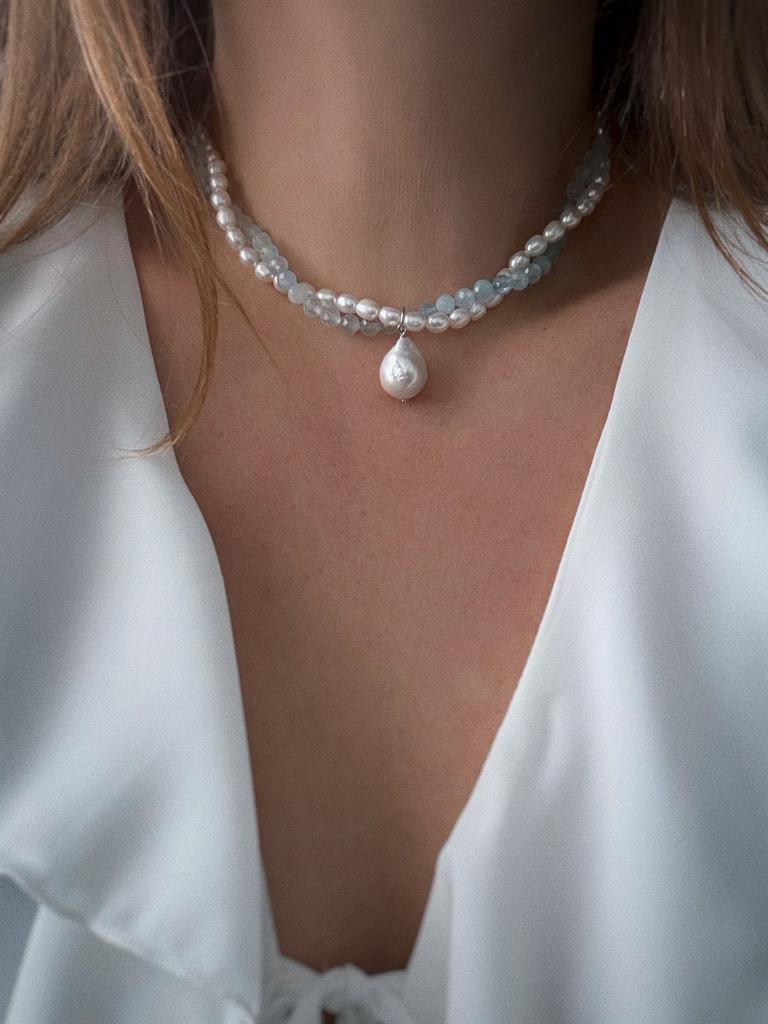 Плетеный чокер (жемчуг, аквамарин, родий)