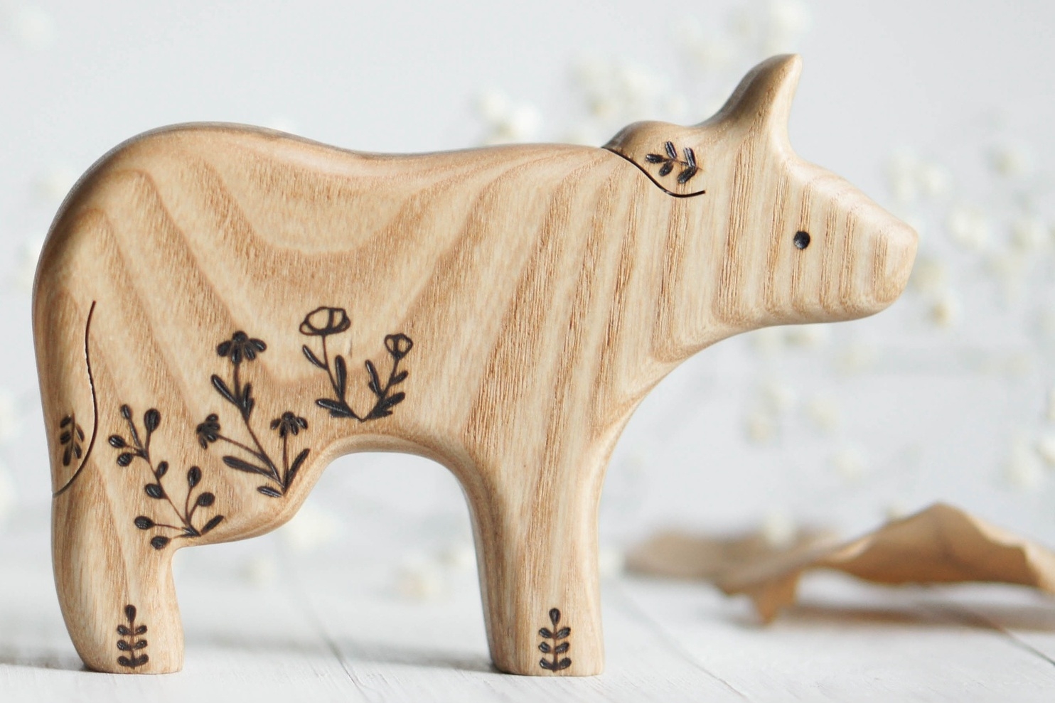 Wooden cow toy (floral)