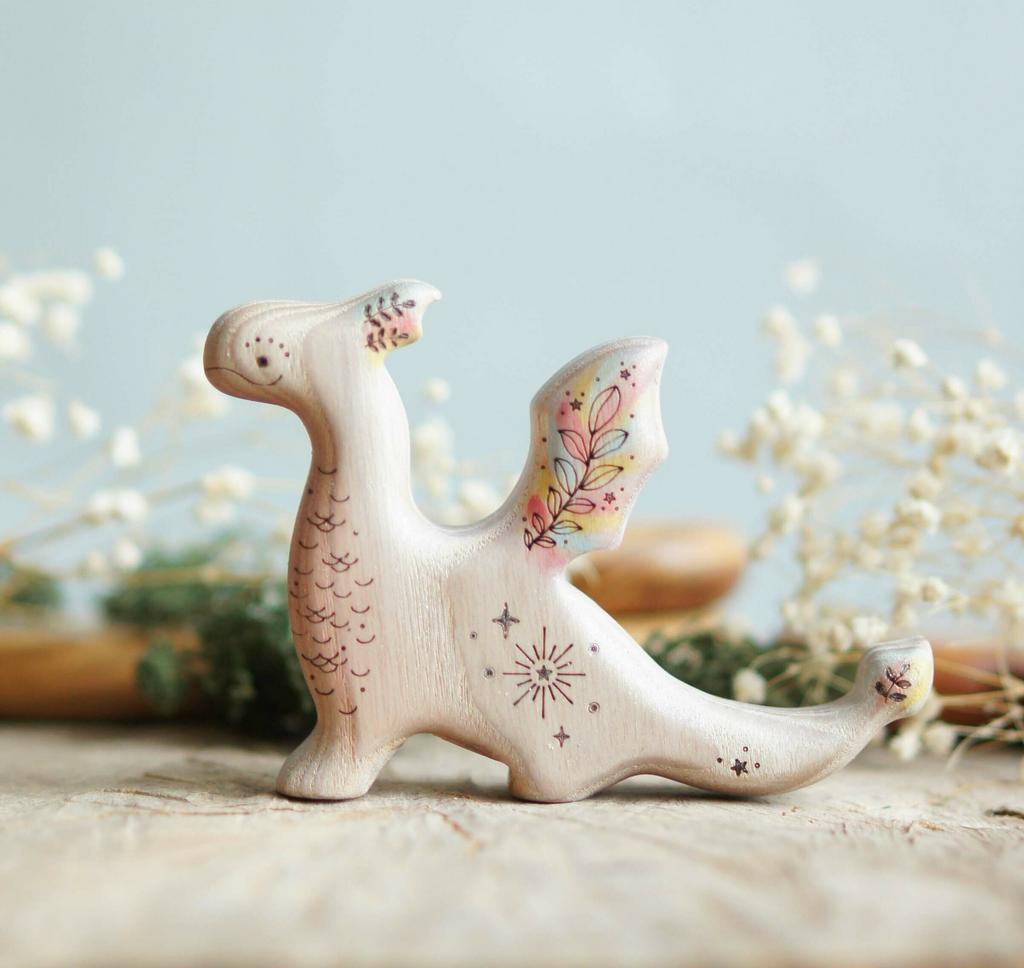 Wooden baby dragon toy (white and silver sparkle)