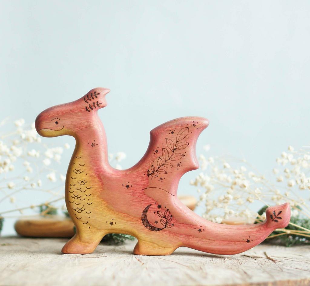 Dragon wooden toy (pink with gold sparkle)
