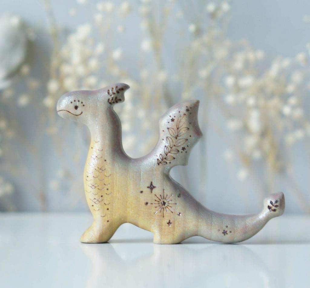 Wooden baby dragon toy (steel and silver sparkle)