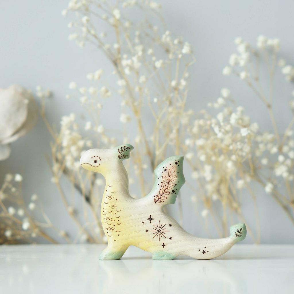 Wooden baby dragon toy (soft white and silver sparkle))