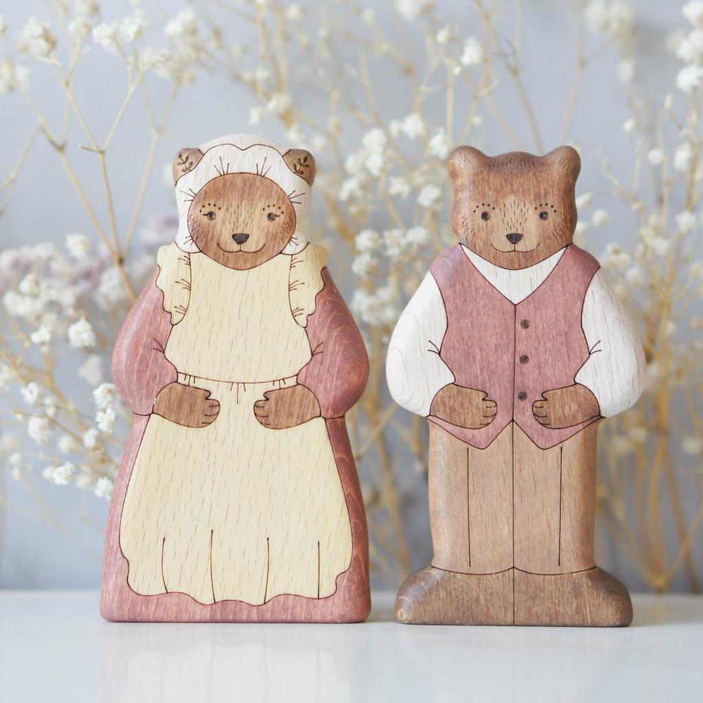 Mom Bear (in a bonnet) and Dad Bear (in a vest) set