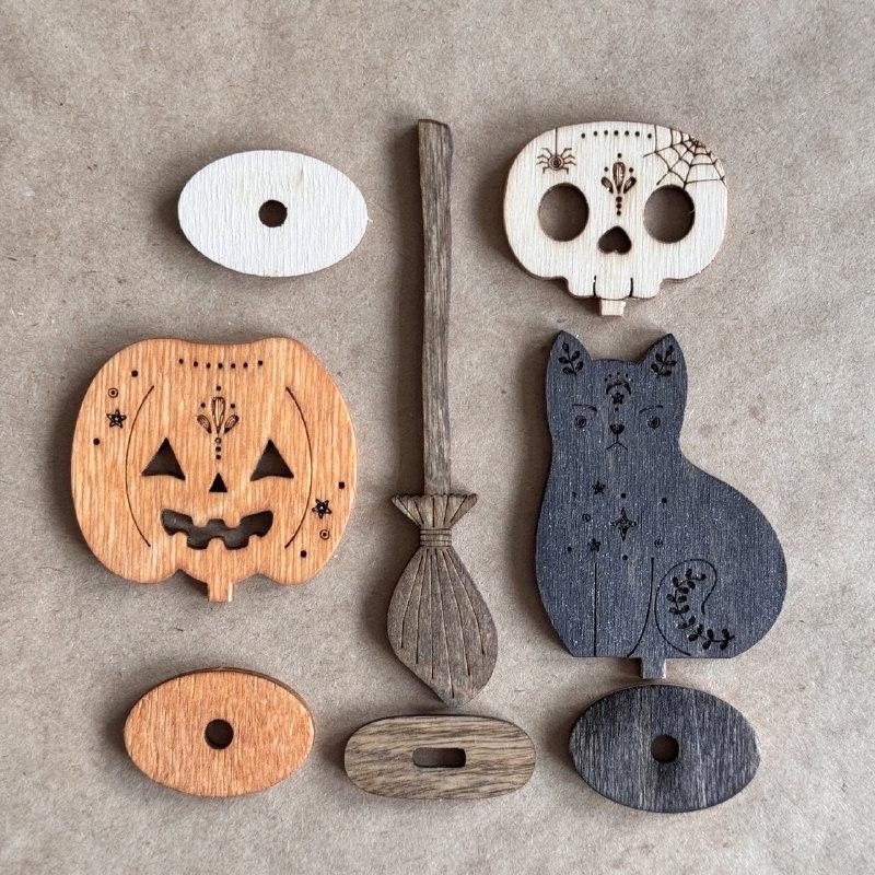Set: cat, broom, pumpkin, skull (with sparkle)