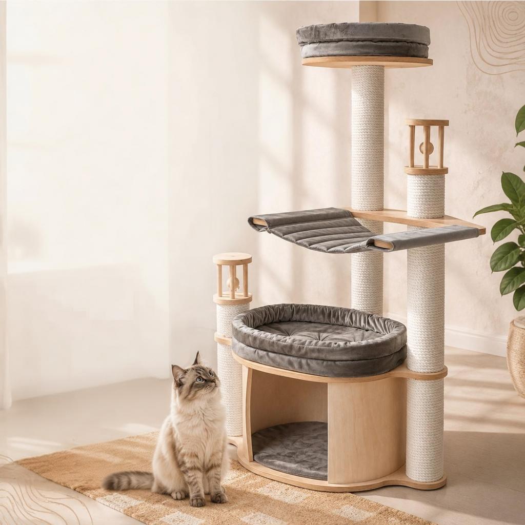 Игровой устойчивый комплекс с домиком для кошек 138 см