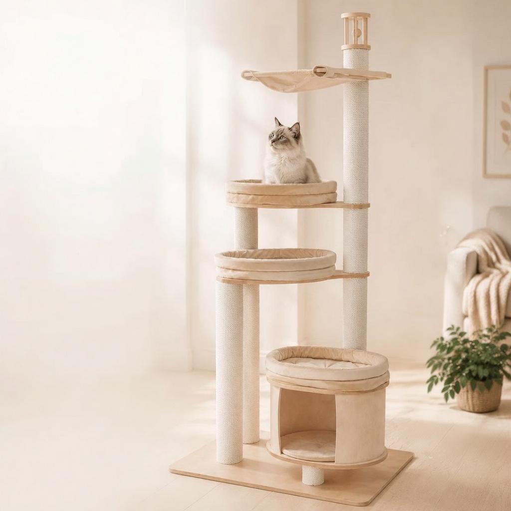 Игровой комплекс с домиком для кошки - три лежака и гамак 190 см