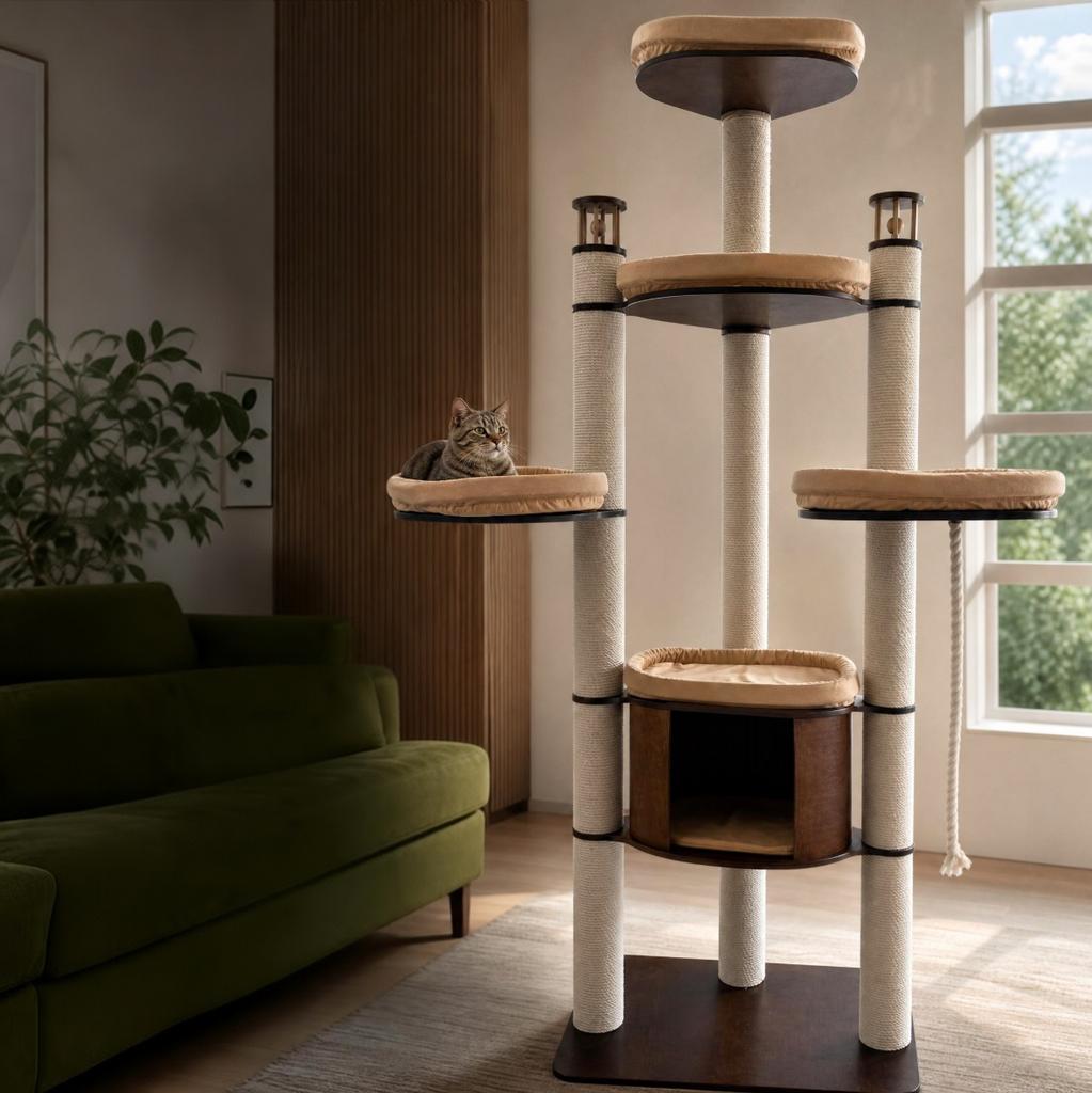 Большая лазилка для двух кошек с домиком. Игровой комплекс для кошки с гамаком и кроватками 229 см