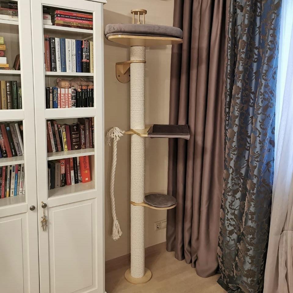 Когтеточка - столб на стену для кошек с канатом, гамак, ступенька и лежак - 200 см