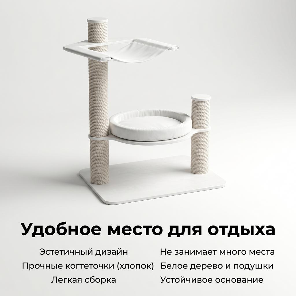 Напольный мини - комплекс для кошечки и небольшой собачки | белое дерево, светлая подушка и гамак