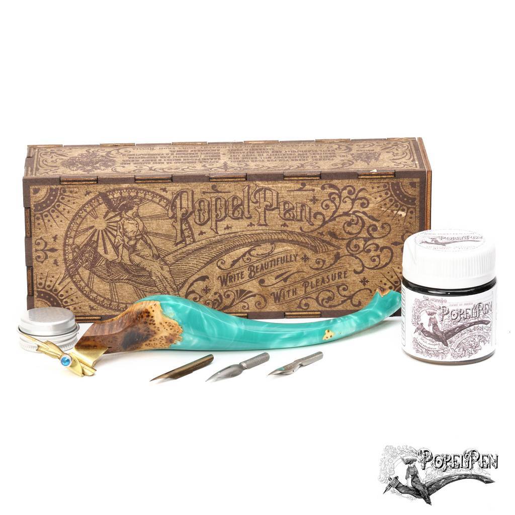 Preorder Ergonomic oblique pen holder EMERALD in wooden box  without stand