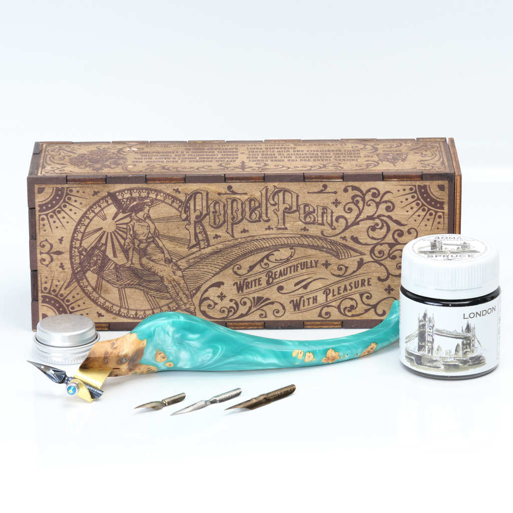 Preorder Ergonomic oblique pen holder EMERALD in wooden box  without stand