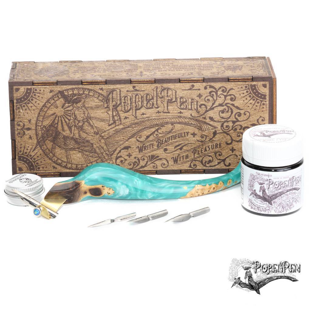 Preorder Ergonomic oblique pen holder EMERALD in wooden box  without stand